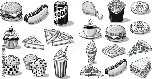 Hand Drawn Fast Food and Dessert Illustration Set Featuring Burger, Hot Dog, Fries, Pizza, Donut, Cupcake, Coffee, Ice Cream, and Snacks in Vintage Style