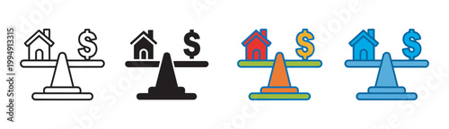 Real estate house money scale icon set, property value comparison symbols for home investment balance, market price analysis, financial vector illustration