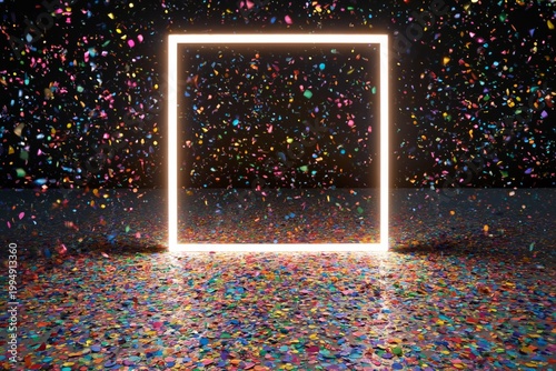 Colorful Confetti Surrounds a Glowing Square Frame on a Dark Background Durin...