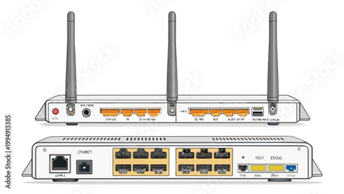 Technical illustration of the back panel of a wireless internet router and modem showing various ports, antennas, and connections for home networking