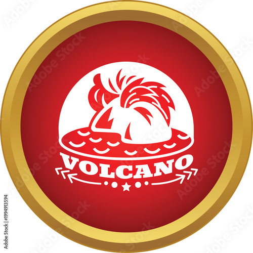 Volcano erupting displaying lava over an island in a red and gold circle icon