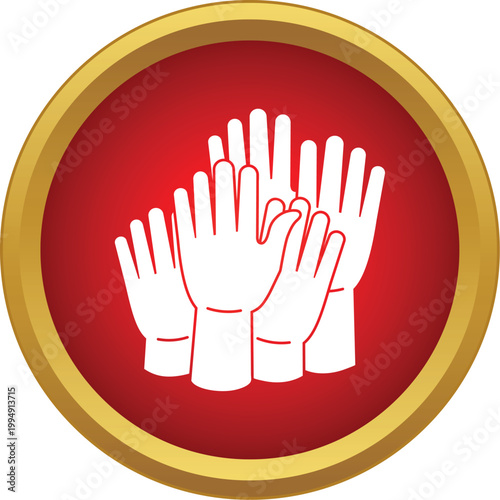 Multiple raised hands in a red circle portraying community, help, and cooperation
