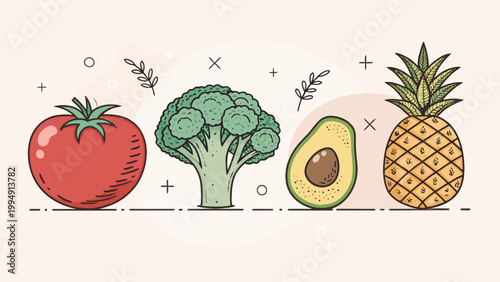 Set of fresh fruits and vegetables including tomato, broccoli, avocado, and pineapple, handdrawn vector illustration for healthy eating concept