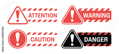 Warning vector signs set for attention, caution, danger, and hazard zones featuring exclamation mark symbols for safety communication design