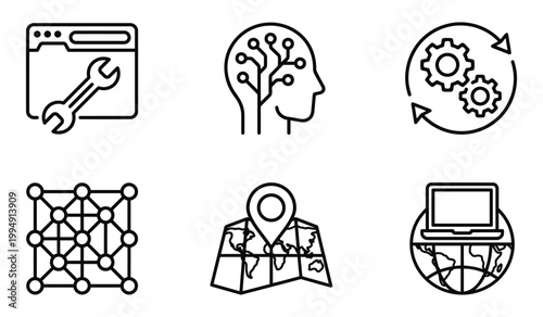 Collection of technology and network development line icons for software engineering and global connectivity with technology