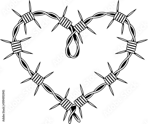 Heart shaped barbed wire symbol, isolated black and white love