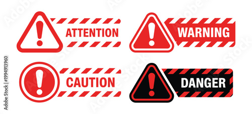 Warning vector signs set for attention, caution, danger, and hazard zones featuring exclamation mark symbols for safety communication design