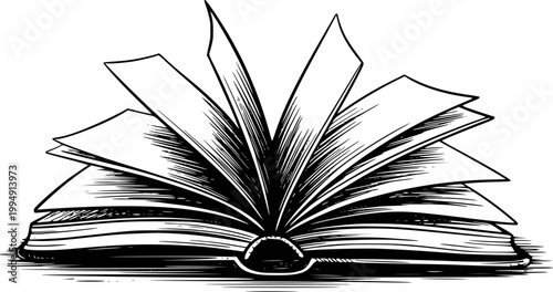 Open book with fan of pages, black and white style, isolated white background reading