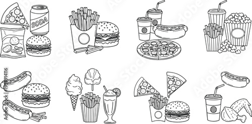 Hand Drawn Fast Food Illustration Set Featuring Burger, Fries, Pizza, Hot Dog, Popcorn, Ice Cream, and Soft Drinks in Outline Style for Menu and Cafe Design