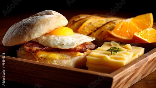 Delicious Breakfast Sandwich with Fried Egg, Bacon, and Cheese Served in a Wooden Tray.