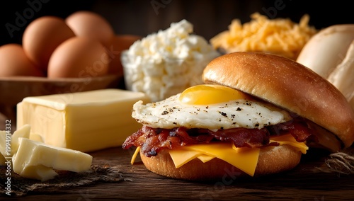 Delicious Breakfast Sandwich with Fresh Ingredients on a Rustic Wooden Table.
