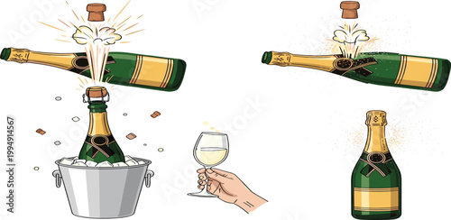 Champagne bottle popping vector set featuring champagne in ice bucket popping cork with foam and hand holding glass for luxury celebration and party in flat style