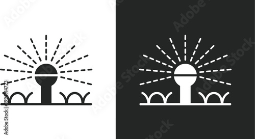 Bilde på lerret Lawn sprinkler icon in black and white glyph versions, flat vector illustration representing irrigation, gardening, and lawn care for landscaping and outdoor design projects