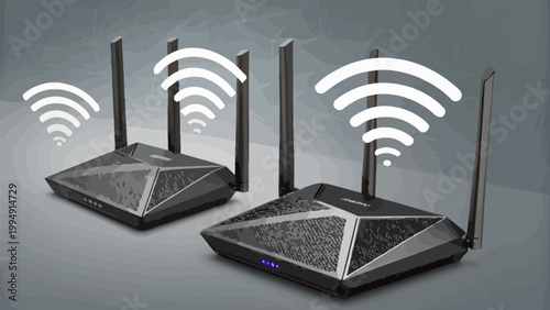 Two modern wireless routers with wifi signal icons emitting from them, representing home network connectivity and mesh internet technology