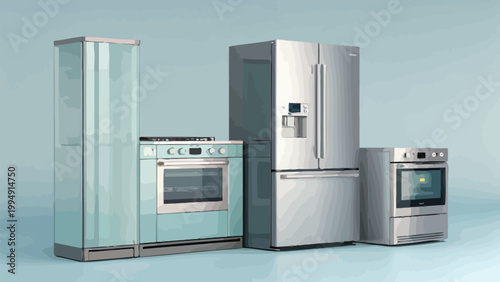 Set of modern kitchen appliances including a tall refrigerator, a gas range oven, a french door refrigerator with ice dispenser, and a builtin oven