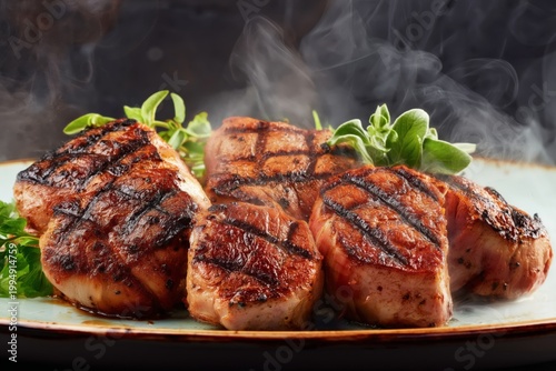 Grilled Salmon Steaks on a Plate With Steam Rising in a Kitchen Setting