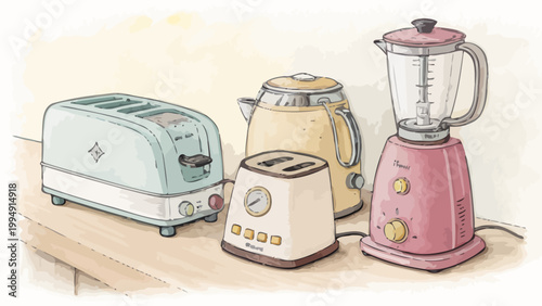 Retro kitchen appliances collection with toasters, kettle, and blender in watercolor illustration style vintage pastel colored kitchenware set
