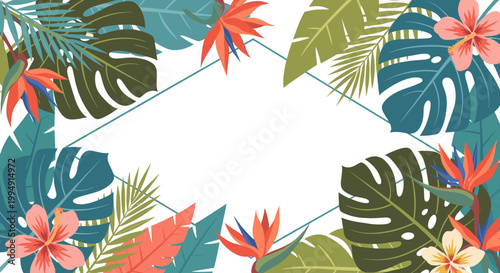 Vibrant illustration of a pink hibiscus flower and lush tropical leaves evokes a sense of warmth, relaxation, and natural beauty, ideal for summer mar