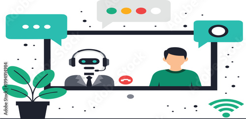 Artificial intelligence video call support vector illustration featuring robot and human interacting on screen for digital customer service and virtual assistant technology design