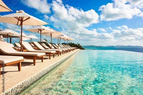 Relaxation at a Tropical Poolside With Umbrellas on a Sunny Day in the Maldives
