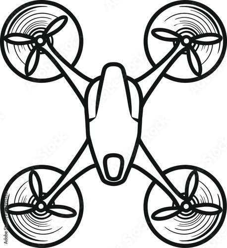 Quadcopter illustration shows a top-down view of a drone featuring four spinning rotors and a symmetrical aerodynamic body shape.