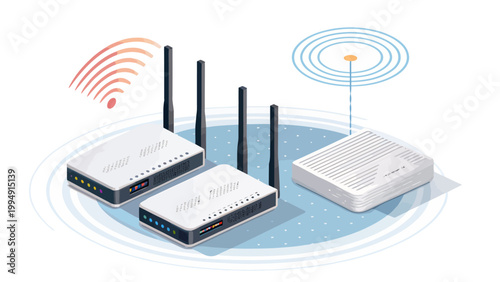 Isometric illustration of wireless routers and network devices with signal waves