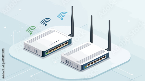 Isometric illustration of two wireless routers with antennas and signal icons on a digital background