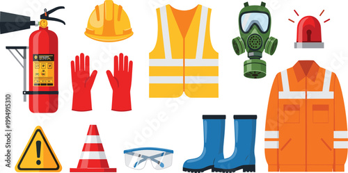Industrial safety equipment vector set featuring fire extinguisher gas mask hard hat and high visibility vest for workplace health and safety compliance in flat style