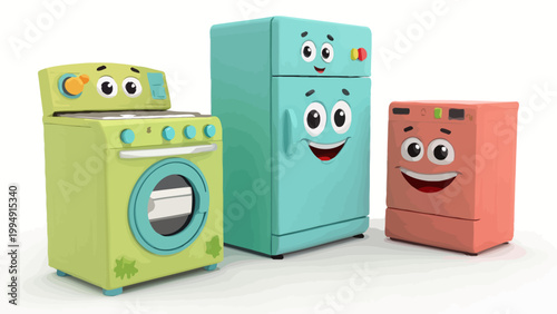 Cute cartoon household appliances characters including a washing machine, a refrigerator and a dishwasher