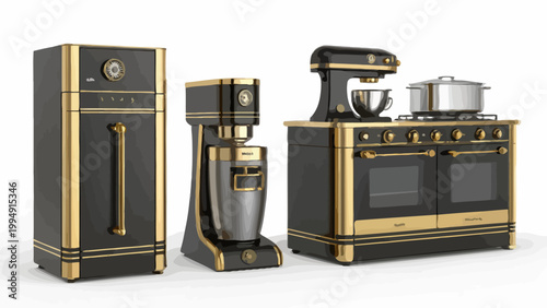 Set of luxury vintage kitchen appliances in black and gold art deco style with refrigerator, stove, oven and mixer