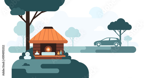 Illustration of a hut in a natural setting with a car passing by