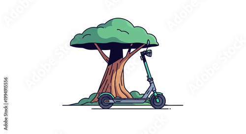 Electric scooter parked under a tree, eco-friendly transportation