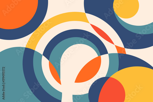 Retro abstract arches and circles geometric composition. Colorful modern design with layered curved shapes. Overlapping semicircles and circles build a stylish balanced pattern in muted yet lively.