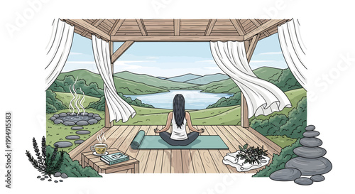 woman meditating on wooden deck overlooking serene landscape
