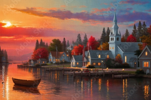 Sunset Over a Quiet Lakeside Village With Boats and Autumn Trees in the Backg...
