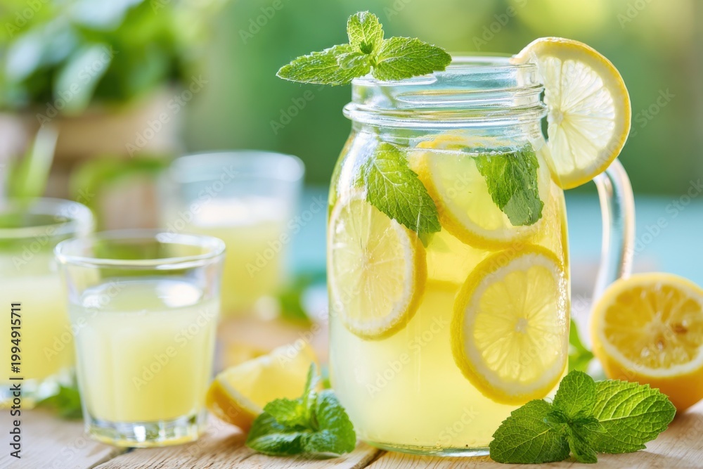 Fototapeta premium Refreshing homemade lemonade in a glass jar with lemon slices and mint leaves, surrounded by additional glasses of lemonade and fresh lemons on a wooden table