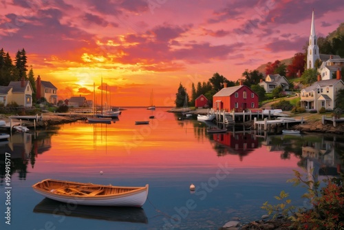 Colorful Sunset Over a Small Harbor With Boats and Houses Along the Shore in ...