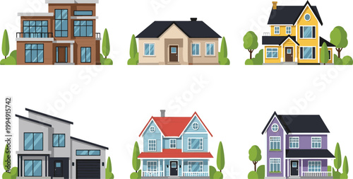Modern and classic residential house vector set featuring six architectural styles including suburban homes Victorian villas and contemporary apartments in flat style