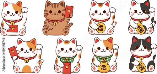 Lucky cat maneki-neko vector set featuring 8 kawaii feline mascots with red envelopes and gold coins for lunar new year and fortune branding in flat style.