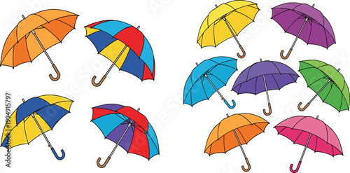Colorful umbrella vector set featuring 11 designs with rainbow and solid patterns for weather forecasting reporting and seasonal autumn fashion accessory design