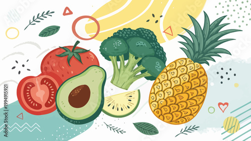 Hand drawn illustration of fresh fruits and vegetables including tomato, avocado, broccoli, and pineapple on an abstract background