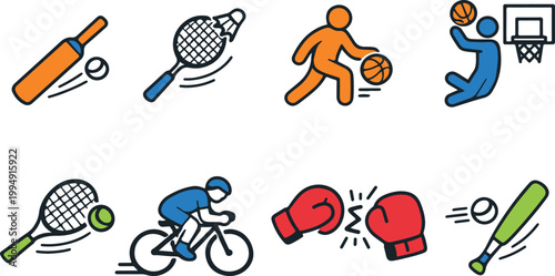 Flat Line Sports Icons Set – Baseball, Tennis, Basketball, Cycling, Boxing Vector Illustration Collection