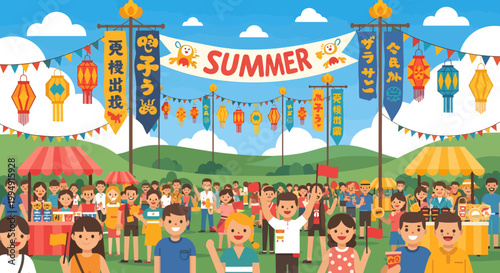 Vibrant summer festival with people enjoying outdoor activities
