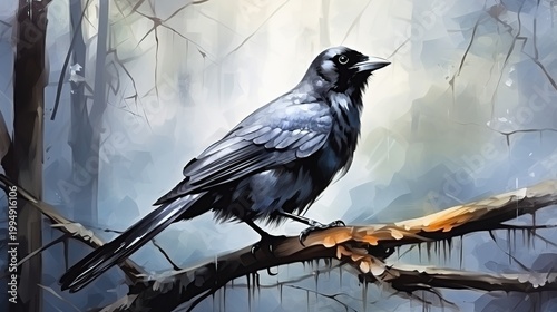 A solitary black crow perched on a weathered branch under a misty, blue-gray forest canopy