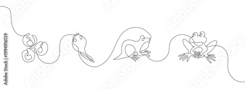 Continuous one line drawing illustrating a transformation sequence of abstract forms evolving along a single fluid line, representing creativity, connection, and conceptual progression in minimal vect