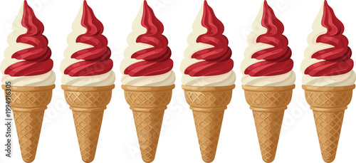 Soft serve ice cream cone vector set featuring six vanilla and strawberry twist swirls in crispy wafer cones for summer dessert menu design.