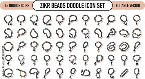 Zikr beads doodle icon set with tasbih prayer rosary Islamic worship counting beads spiritual editable vector collection