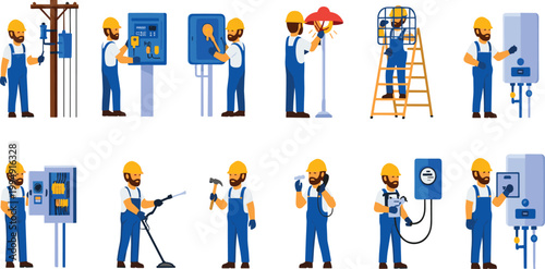 Professional electrician and electrical maintenance worker vector set featuring male character repairing power lines circuit breakers and meters in flat style