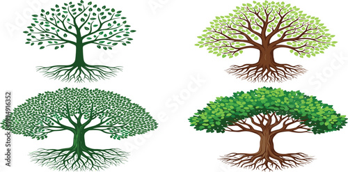 Detailed tree logo vector set featuring four designs with exposed root systems and leafy canopies for environmental branding sustainability and nature conservation design