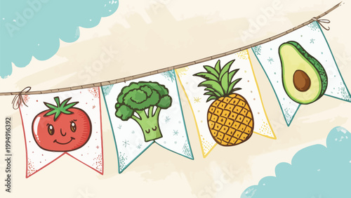 Cute cartoon food bunting banner with tomato, broccoli, pineapple and avocado, healthy eating concept, colorful vector illustration